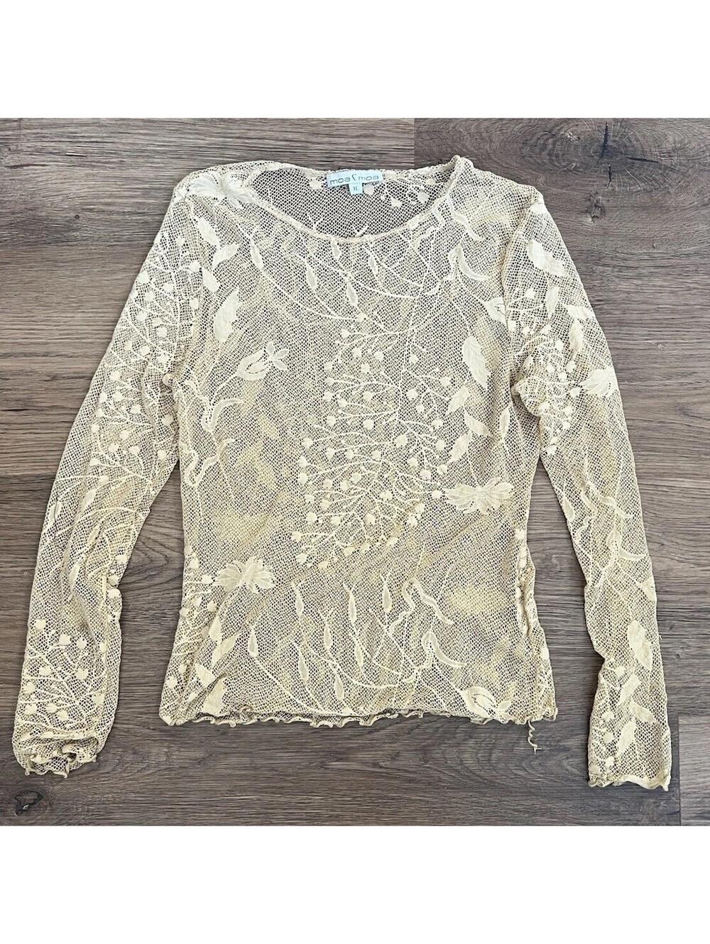 Cream Sheer Botanical Floral Mesh Lace Long Sleeve Top XL